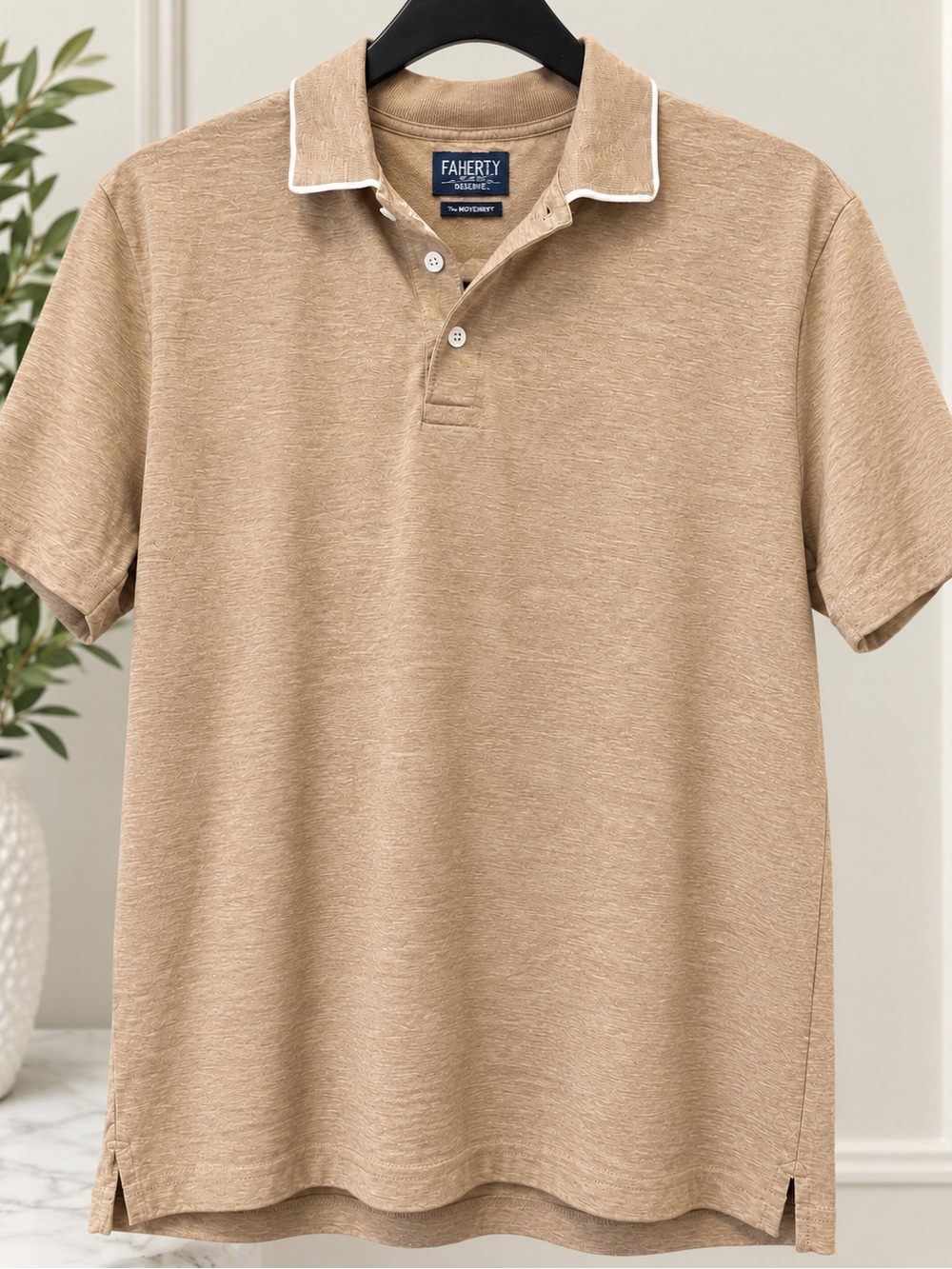 Faherty Tan Heather Polo with White Collar Trim